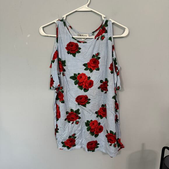 Adara Blue & White Stripe Floral Cold Shoulder Top Women's Size Medium w Spandex - Picture 1 of 8
